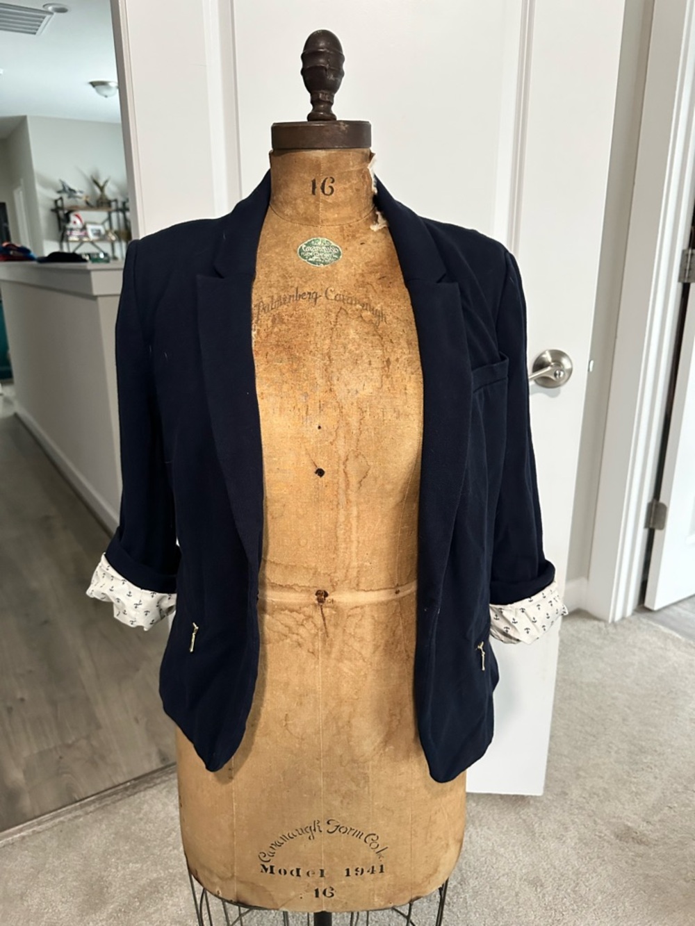 The Limited Navy Blazer with Patterned Cuff Lining